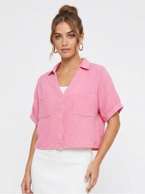 Anthro LOVE NOTES short sleeve boxy cotton gauze cropped top size Medium